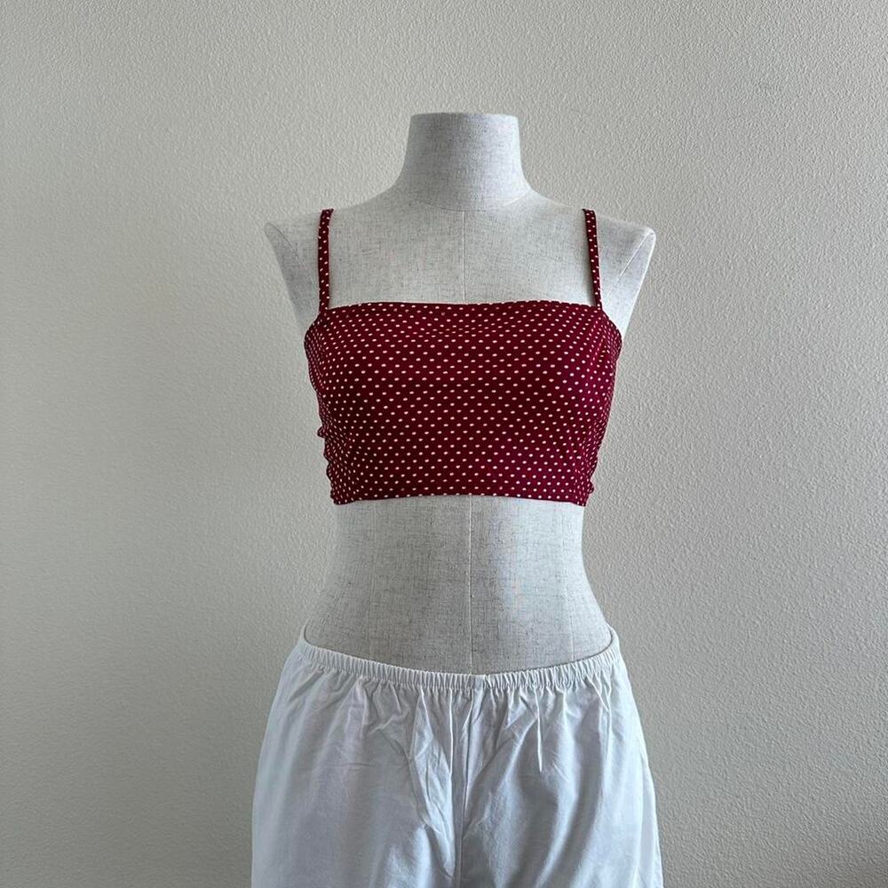handmade burgundy polka dot tie-back crop top